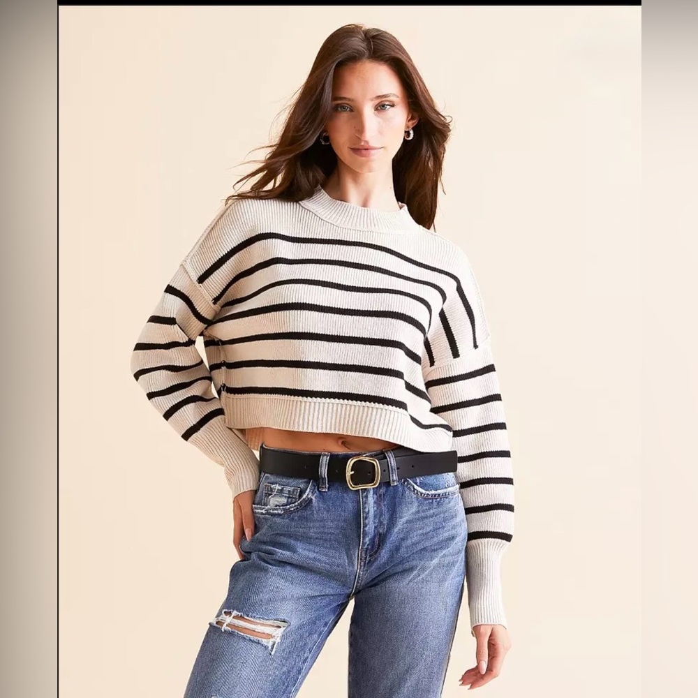 Free People Cropped Crewneck Sweater in Cream & Black Stripes